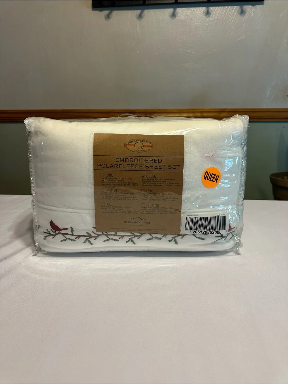 Berkshire Embroidered Polarfleece Sheet Set in White with Red Cardinal